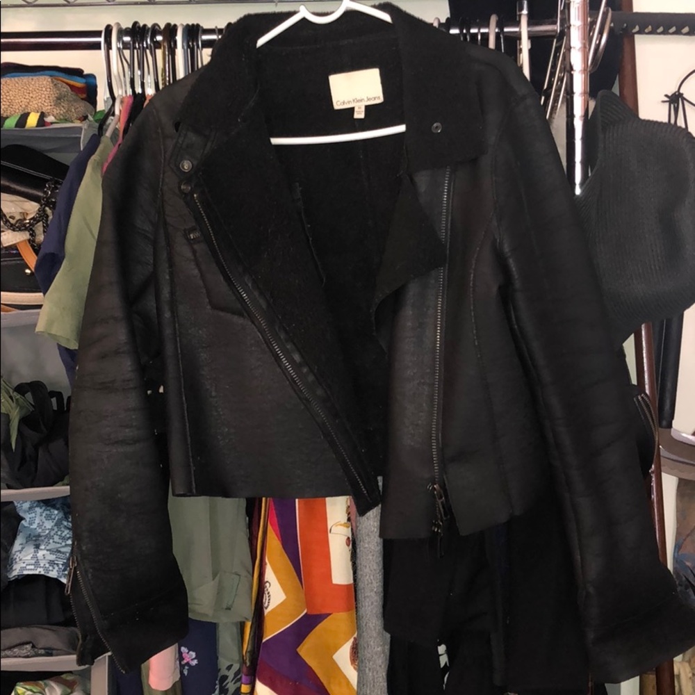 Calvin Klein Faux-Shearling Cropped Moto Jacket